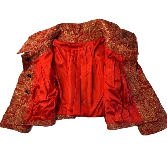 Custom Red Gold Paisley Brocade Jacket Womens Small Blazer Wide Collar Victorian - Picture 5 of 14